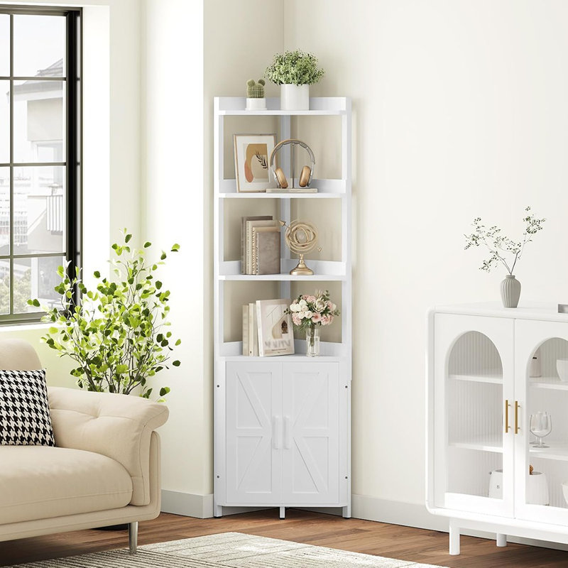 Grande étagère d'angle à 5 niveaux avec rangement, blanc, support de bibliothèque avec clôture de protection, armoire de rangement d'angle pour le salon