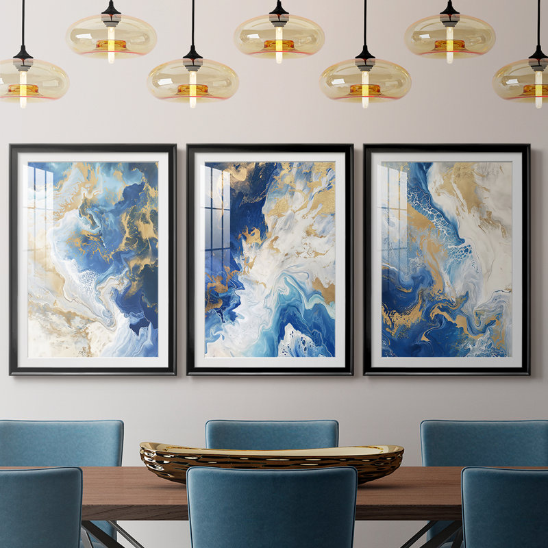 ABSTRACT Series CDXII  -Custom Framed  Premium Print W Matt - 3 Pieces, Black, 30" H x 63" W