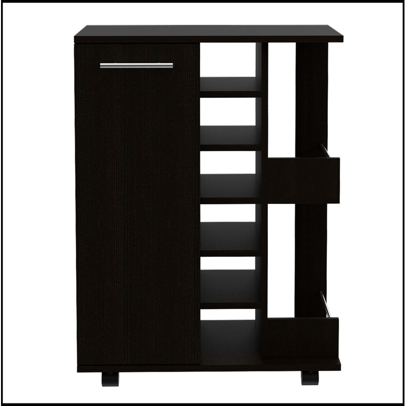 Bartlet 2-Shelf 6-Bottle Bar Cart with Enclosed Cabinet and Lockable Casters, Perfect for Home Entertainment and Storage