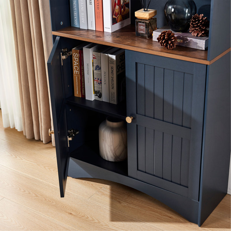 Armoire de rangement arquée avec appliques décoratives, buffet en panneau de fibres à densité moyenne anti-égratignures, tablettes et charnières réglables, sangle anti-basculement, armoire à vin de rangement autoportante pour le salon et la salle à manger
