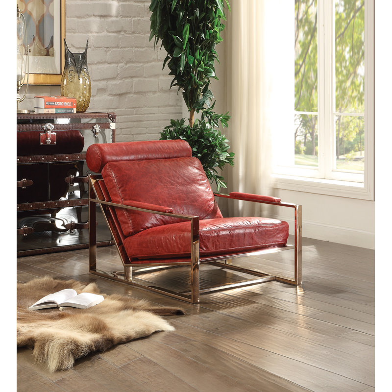 ACME Quinto Accent Chair, Antique Red Top Grain Leather & Stainless Steel