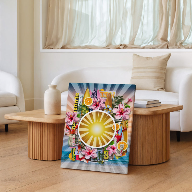 Reproduction d'art sur toile, "Collage d'été éclatant de couleurs" avec art solaire au centre Rayons d'or rayonnant entouré d'art sur toile