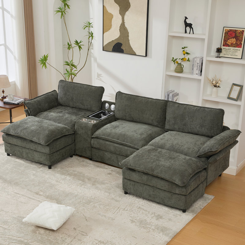 [NOUVEAU] [Canapé modulaire en forme de U, console de rangement et recharge sans fil, 2 porte-gobelets, haut-parleurs Bluetooth, 2 repose-pieds mobiles, rampe réglable, siège mobile, chenille, vert