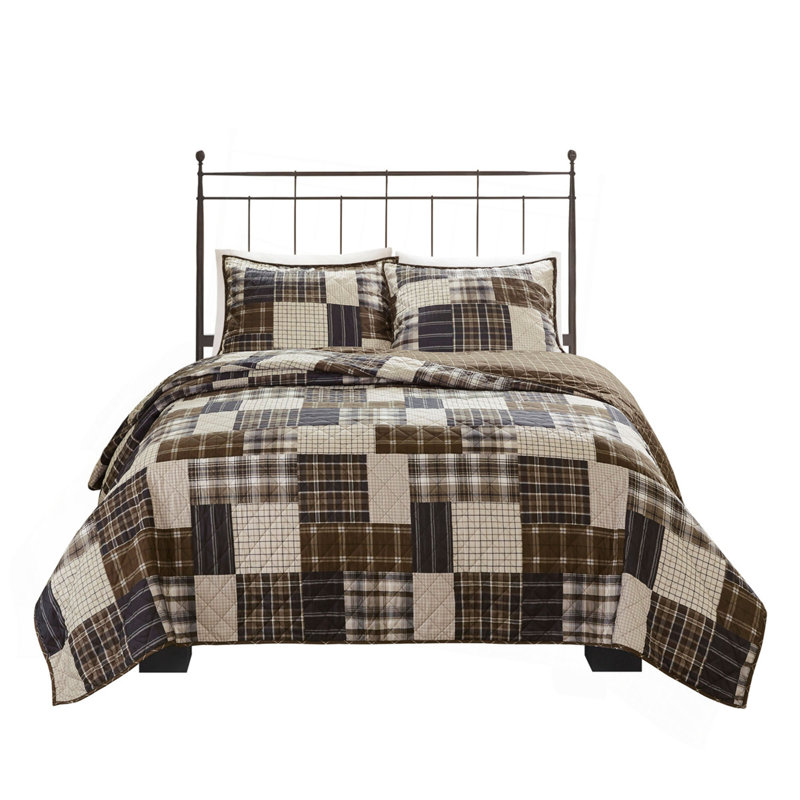 3 Piece Reversible Printed Quilt Set Black/Brown
