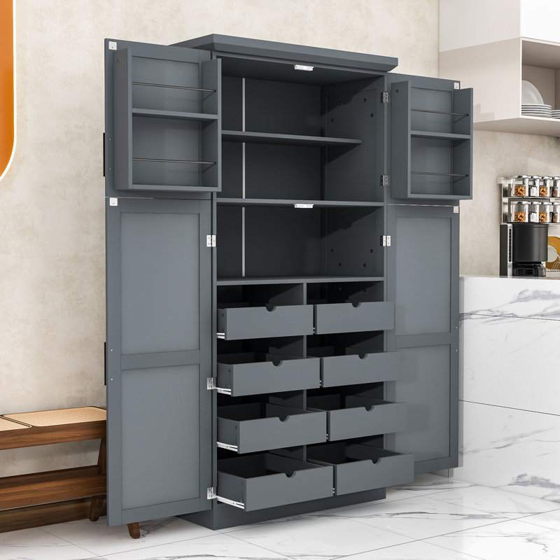 Grand garde-manger autoportant avec plateaux coulissants, tablette réglable et dispositif anti-basculement, Gris, Noir
