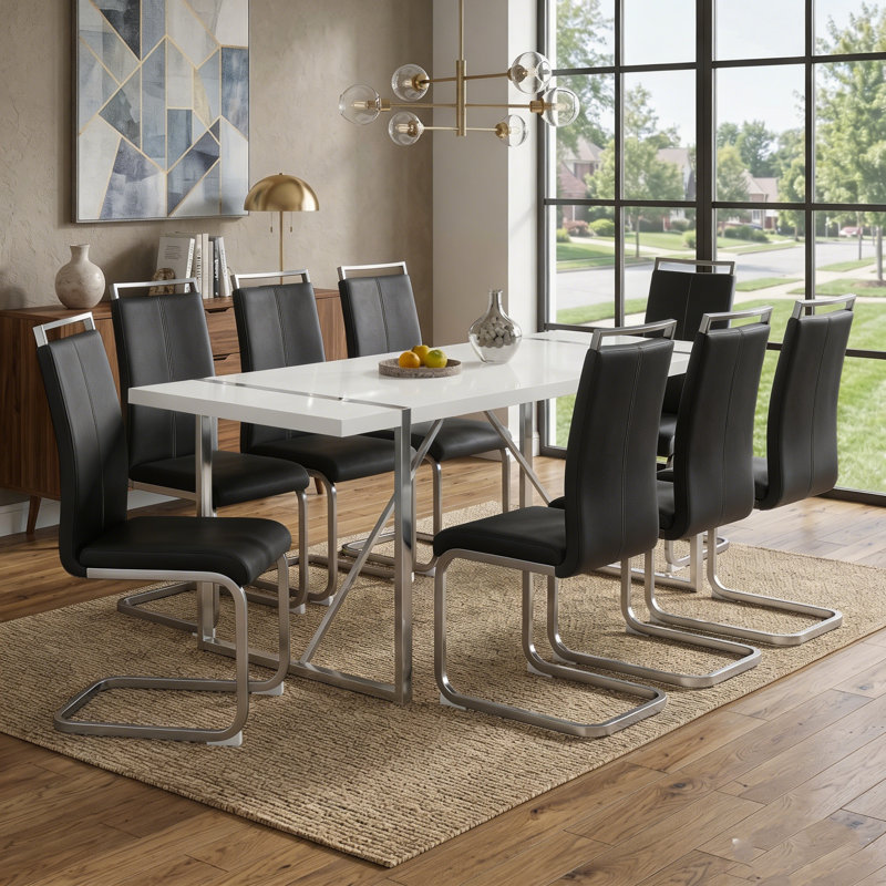 Ensemble de salle à manger 9 pièces moderne en MDF blanc 71 po avec chaises rembourrées en similicuir, 9, Noir