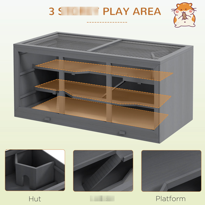 Très grande cage à hamster grise - Spacieuse et plus de 1000 pieds carrés Pour les hamsters et les petites créatures, construction, toit réglable, méthode de nettoyage efficace pour animaux domestiques avec ouverture à niveaux multiples, bois