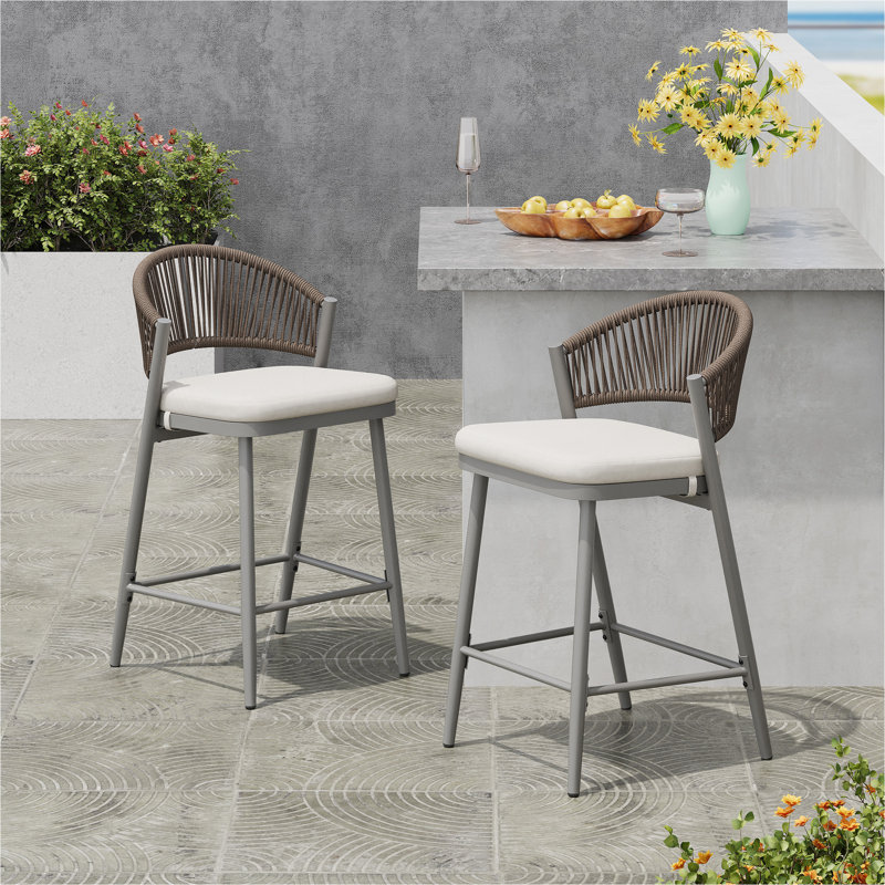 Ensemble de 2 tabourets de comptoir avec cadre en métal et rotin PE, ensemble de 2, gris mat
