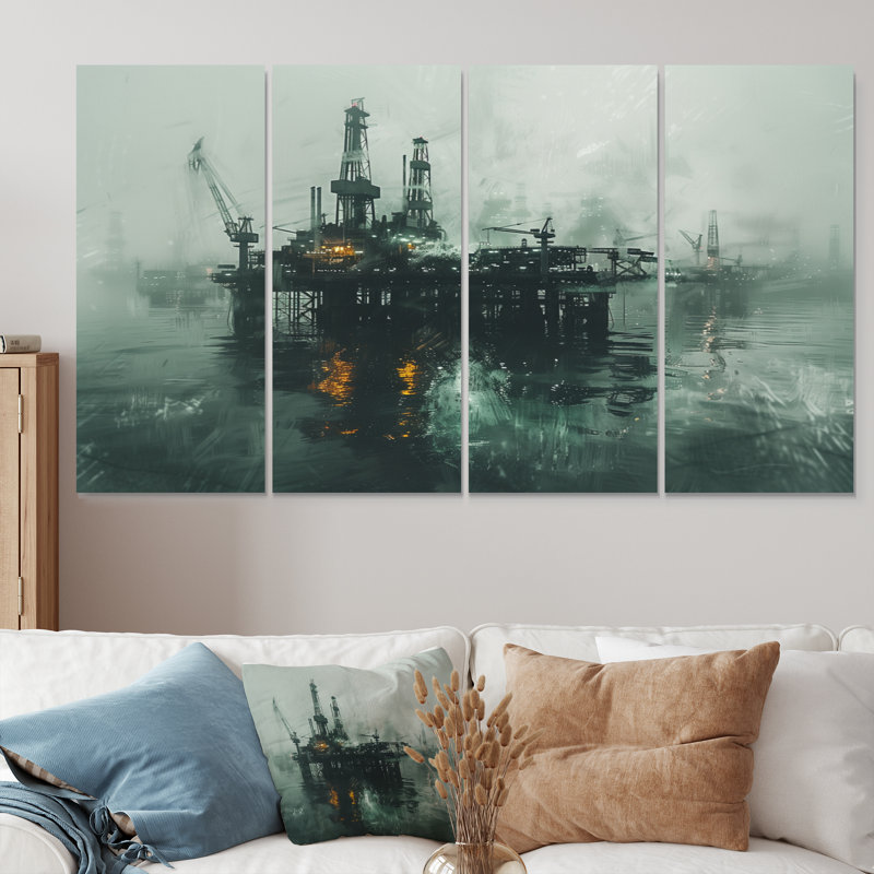«Gray Green Winter Winter Drilling Dynamics Oil Rig II», ensemble d'art mural sur toile, H 28 po x l 48 po