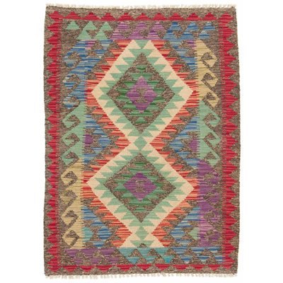 Rectangle 86 cm x 118 cm Geometric Wool Hand Woven Kilim Area Rug