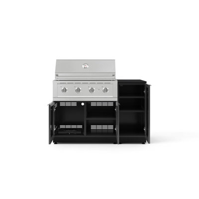 Ensemble d'armoires d'extérieur 4 pièces en aluminium gris ardoise avec 1 porte, 1 gril, 36 po de performance au gaz propane liquide et 1 plateau noir Dekton