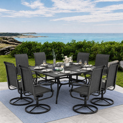 9-Piece Patio Dining Set with Rectangular Table – Outdoor Waterproof Padded Dining Chairs, All-Weather Wicker, Rust-Resistant Frame for Backyard, Deck, or Poolside