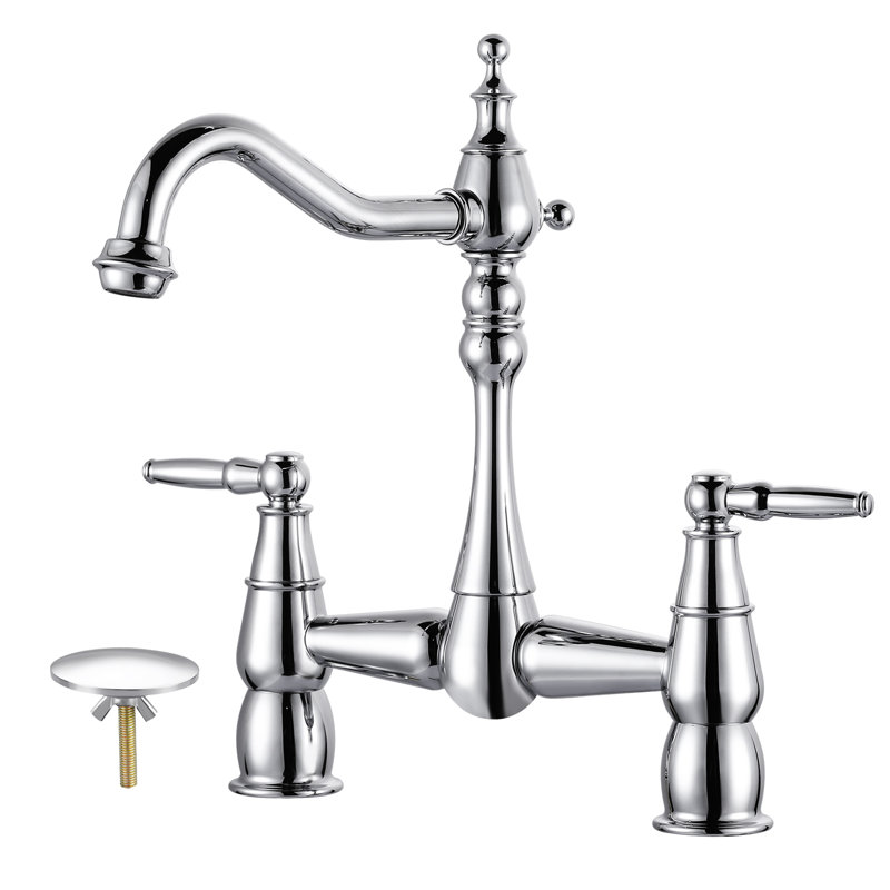 Bridge Centerset Kitchen Faucet for Sink, 2 Hole Brass Kitchen Sink Faucet, Polished Chrome