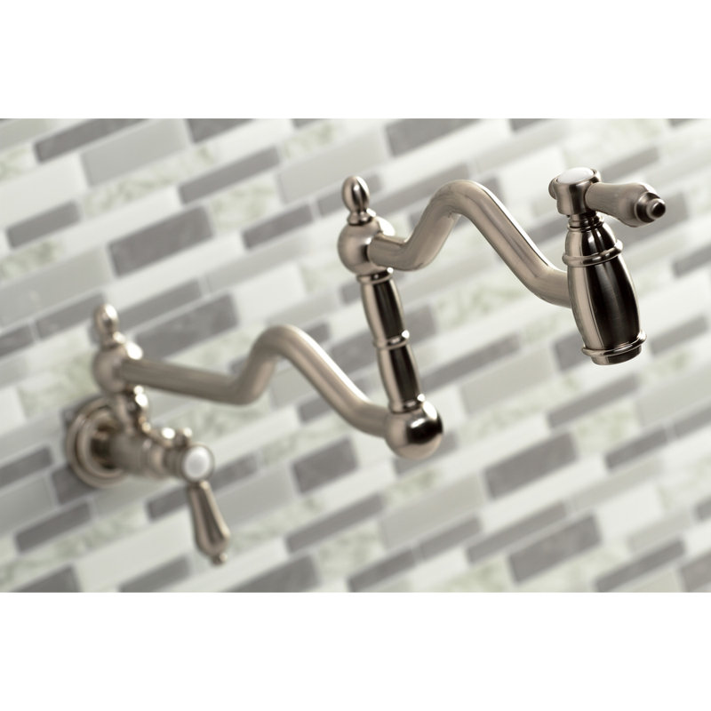 Kingston Brass Heirloom Two-Handle 1-Hole Wall Mount Pot Filler Faucet, Brushed Nickel