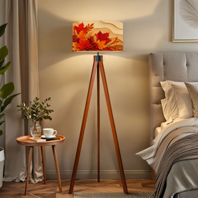 Lampe sur pied à trépied PeeNoke Feuilles d'automne Blé, baies rouges, couches, brun, beige, lampe de plancher à DEL à intensité variable avec pieds en bois de hêtre et abat-jour en lin amovible pour salon et chambre à coucher