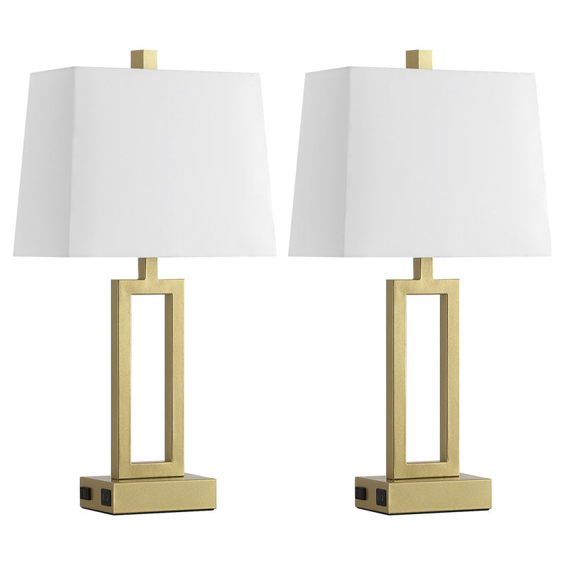 Permelia 23.5" Metal Table Lamp Set with USB, Type-C Ports and Built-in-Oulet, White, Gold