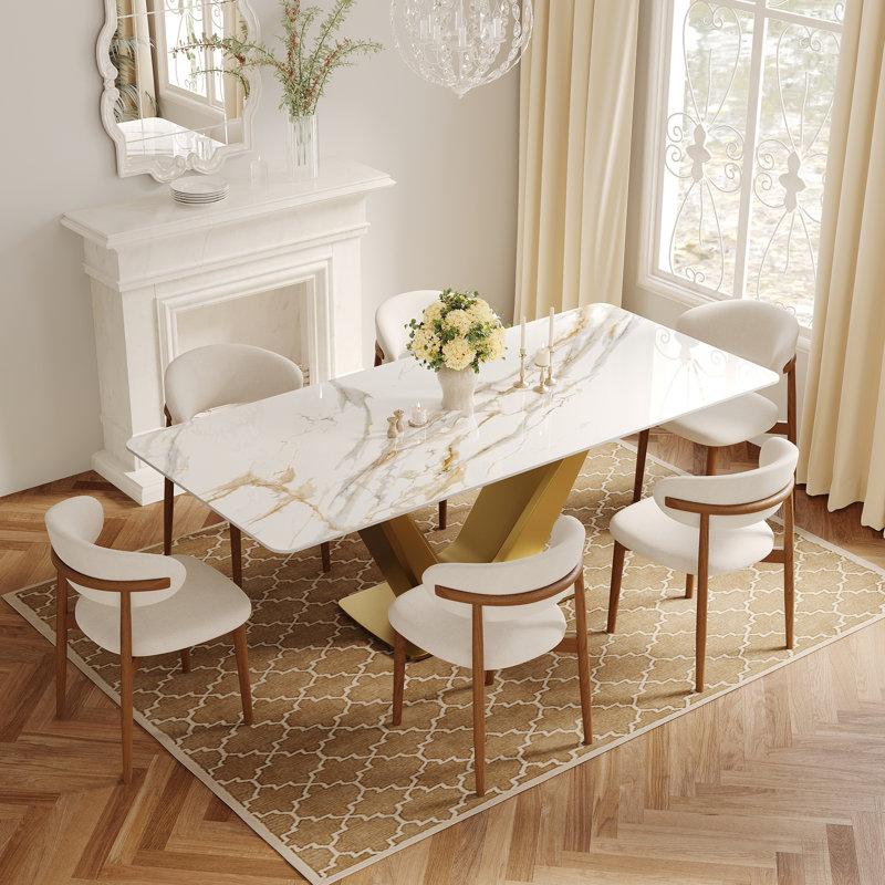 Ensemble de table de salle à manger 7 pièces luxueux en faux marbre avec base dorée en forme de V, 6 chaises rembourrées en tissu, bois massif