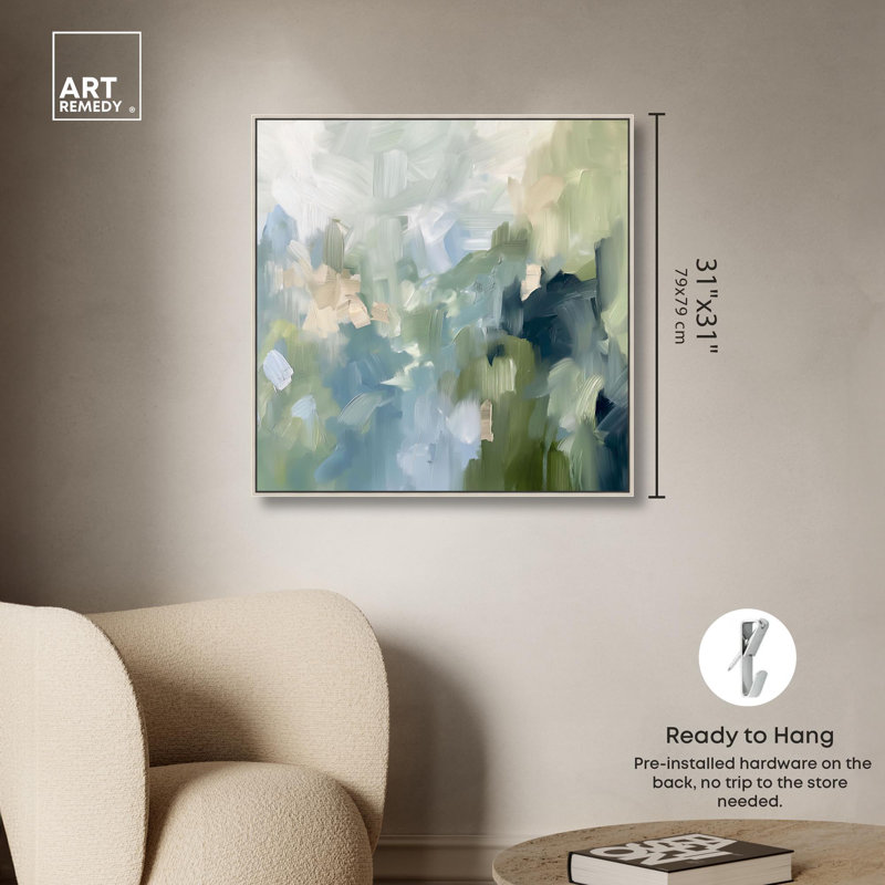 «Minted Brush Canvas Minimal Abstracts» par Art Remedy, H 31 po x l 31 po, Reproduction avec cadre flottant, Argent argent