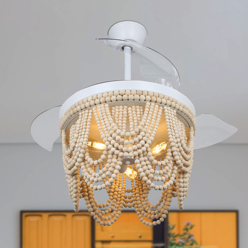 42" BoHo White Retractable Ceiling Fan with Light Kit and Remote Wooden Beads Shade 6-speed DC Motor, White