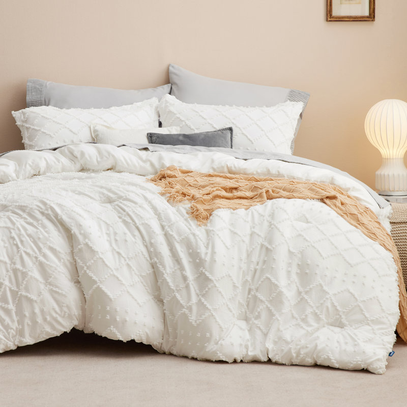 Ensemble d'édredon touffeté toutes saisons (ensemble de 3), Beige, Édredon très grand lit californien + 2 taies dé