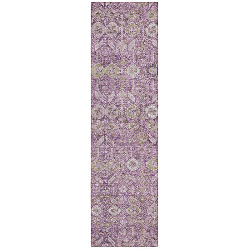 8' Runner Lavender and Ivory Floral Washable Non Skid Indoor Outdoor Runner Rug