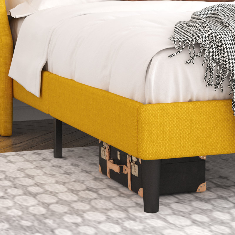 Lit plateforme tapissier Toderick avec aile de luxe et mélange de lin, Très grand, Jaune vif