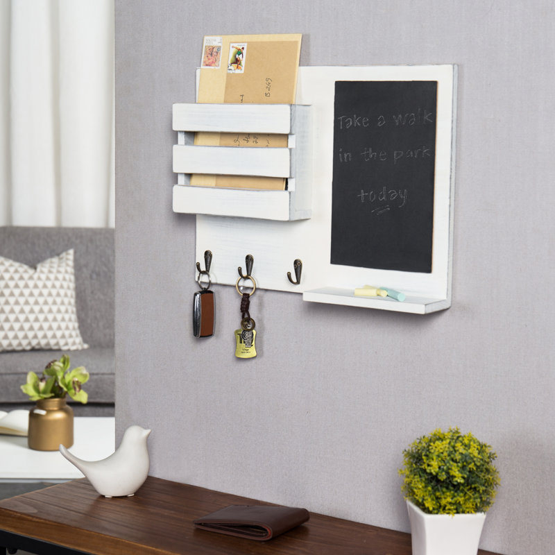 Wall Organiser With Key Hooks//Chalkboard/Mail Storage, Vintage White