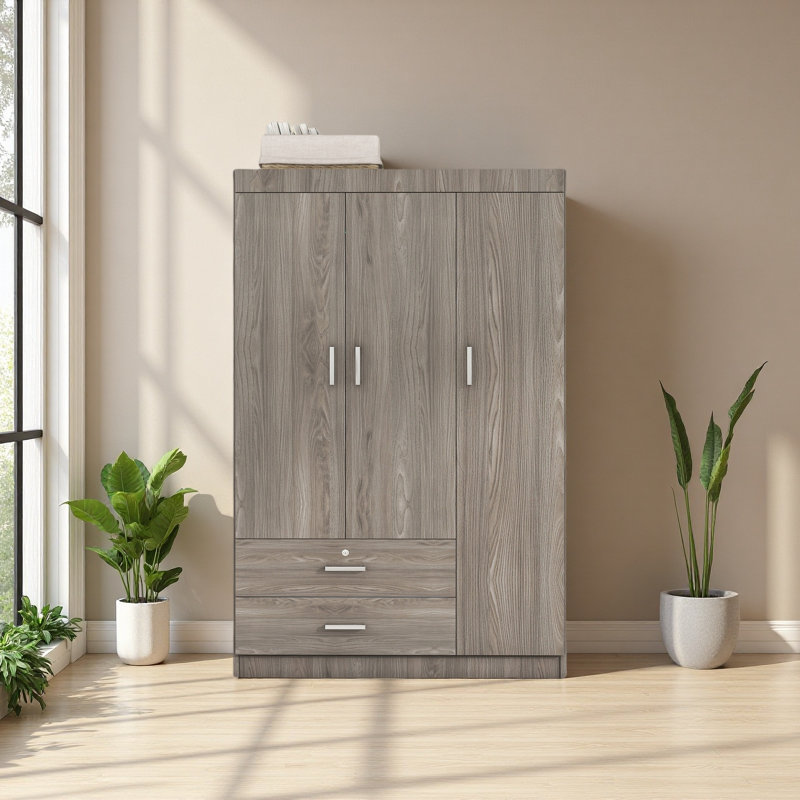 Armoire 3 portes avec 2 tiroirs, Gris