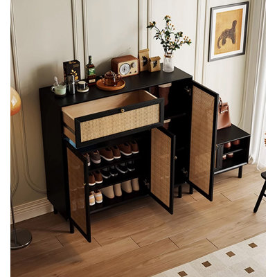French-Style Wicker-Weave Solid Oak Shoe Cabinet