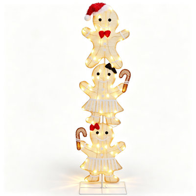 4ft Yellow 2.5D Stacked Gingerbread Men 3 Pack with 60LED Warm White Lights