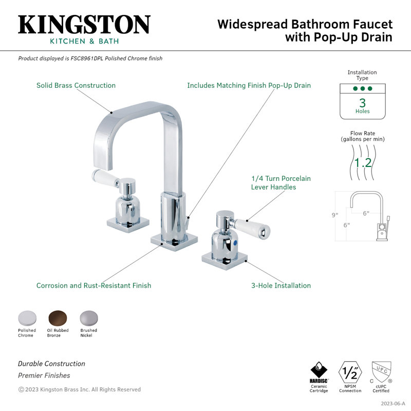 Kingston Brass Paris Two-Handle 3-Hole Deck Mount Widespread Bathroom Faucet with Retail Pop-Up Drain