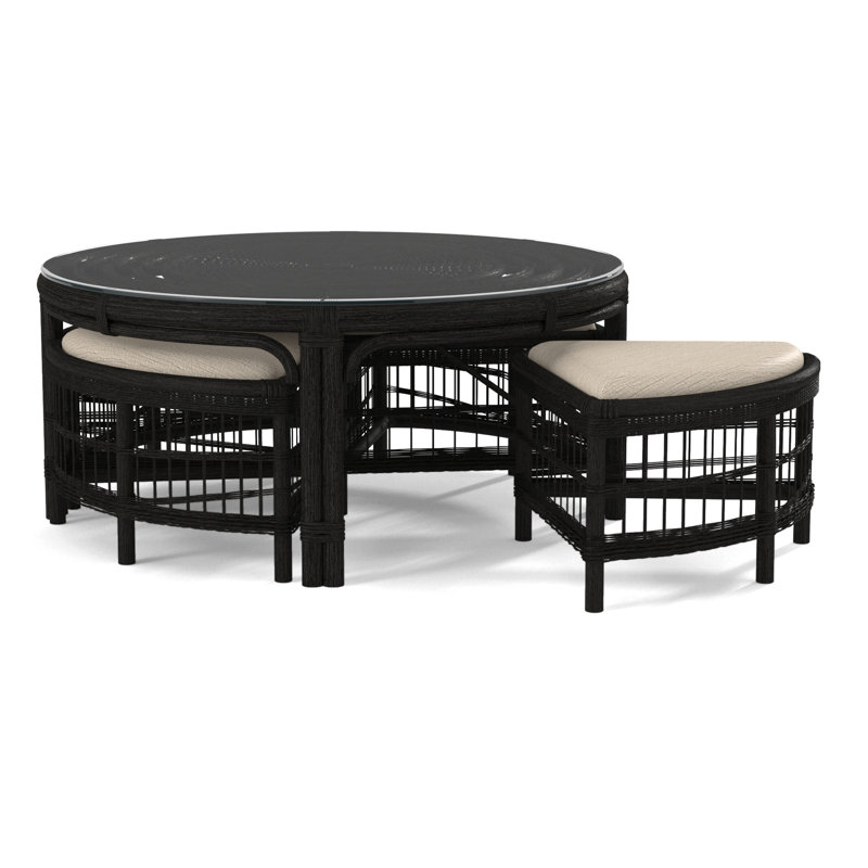 Table basse en rotin avec bancs Raffles, Noir, noir, noir, noir, Performance texturée blanche; 0865-91