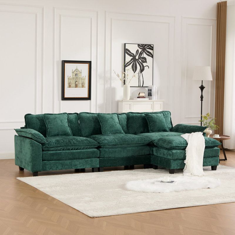 Canapé modulaire en forme de L Grid, canapé surdimensionné avec repose-pieds Cloud, Chenille verte