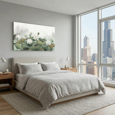 Art mural sur toile de style lotus blanc avec fleurs de lotus vertes et nénuphars