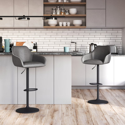Adjustable Upholstered Breakfast Black Bar Stools Swivel Gas Lift Chair Back Foot Rest, Set of 2