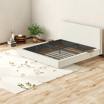 Lit King Size moderne avec cadre, revêtement en velours côtelé et acier, rangement ajustable pour la maison