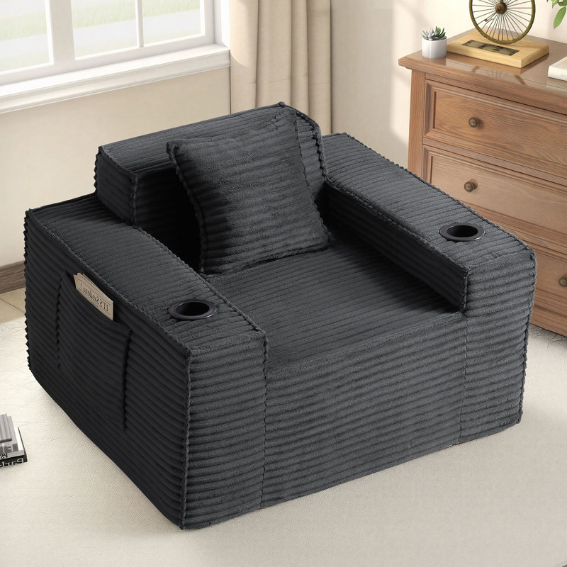 43-inch Compression Accent Chair in a Box – Upholstered Single Sofa with Pillow, Large Bean Bag, Dark Gray