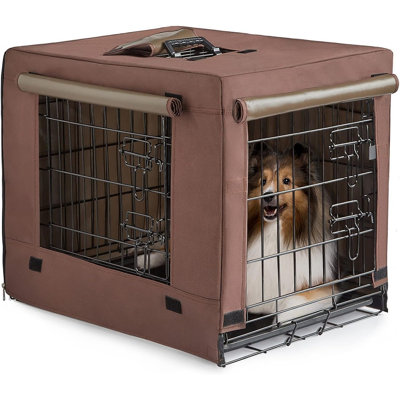 Double Door Dog Crate for Medium and Large Dogs, Collapsible Metal Wire Kennel with Removable Leak-Proof Tray, 600D Oxford Crate Cover and Carrying Handle, Indoor Pet Cage, Brown
