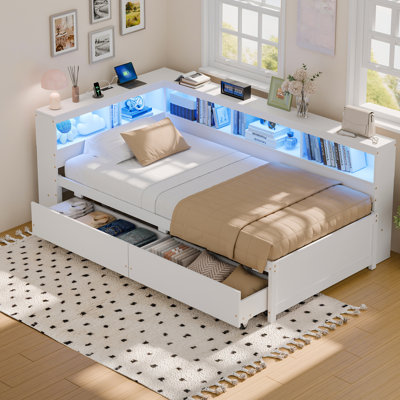 Corner Bed Frame With 2 Drawers And Storage Bookcase, Twin Daybed With Charging Station & Led Lights For Living Room, Bedroom & Guest Room by Brayden Studio