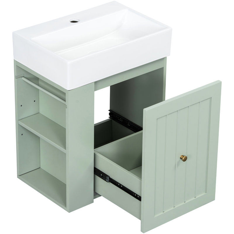 Meuble-lavabo de 20 pouces avec lavabo intégré en céramique, armoire et tiroir pour lavabo d'invités, tablette latérale ouverte