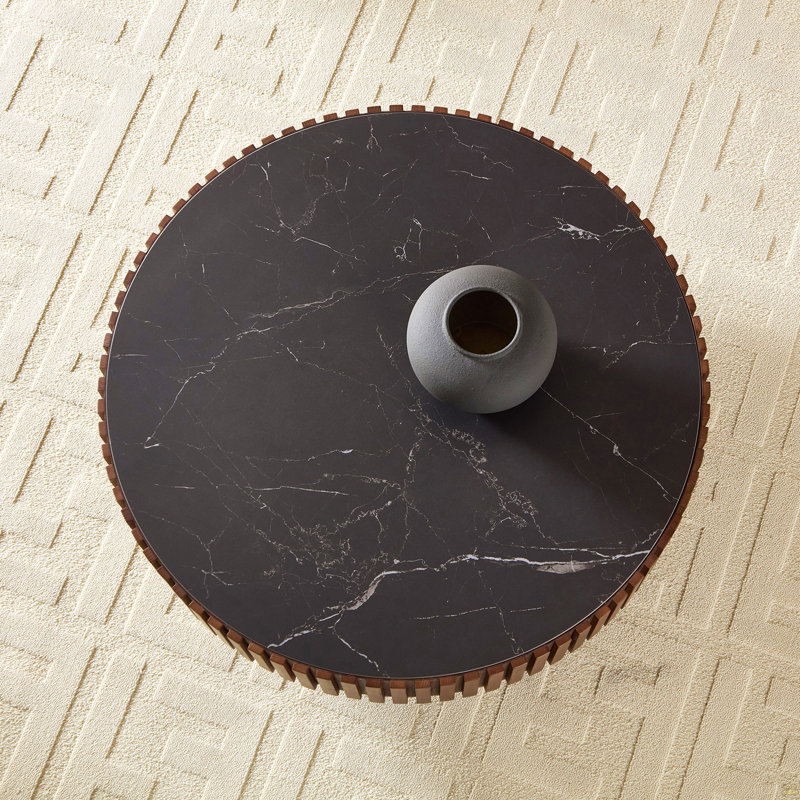 Table basse cylindrique 35,43 po, Noir, Noyer, Pierre frittée