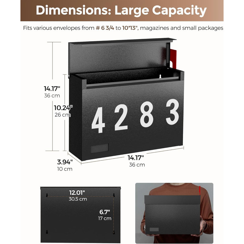 Black Metal Wall Mount Mailbox with Red Flag and Number Stickers