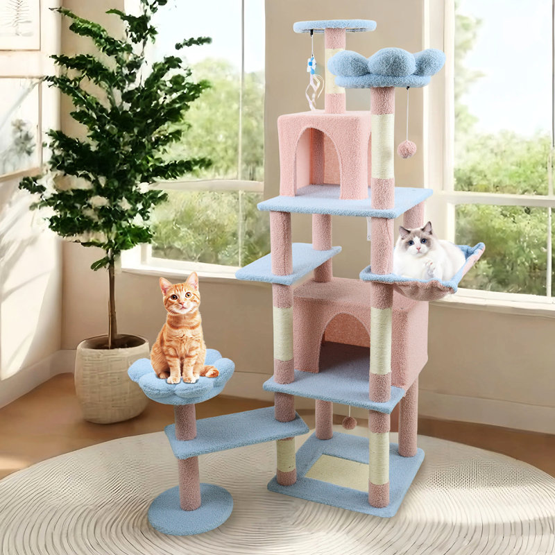 Arbre à chat bleu de 71 pouces avec motif floral, grand coussin amovible et, pour les chats, grimpant à 8 niveaux, arbre à grattage large, aspect floral enchanteur, hauteur horizontale de 72 po