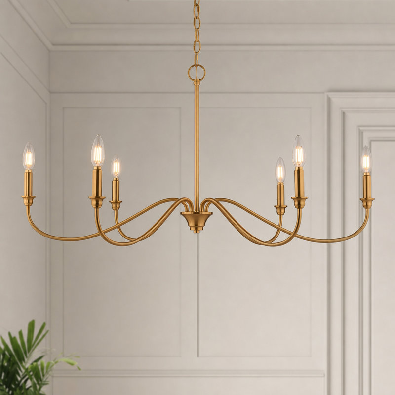 Steel Chandelier, H 18,75 po x l 36 po x P 36 po, Laiton pâle, Six lumières