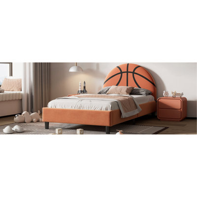 Basketball Design Upholstered Twin Platform Bed Sport Style Bed For Boys & Girls, Teens, Orange