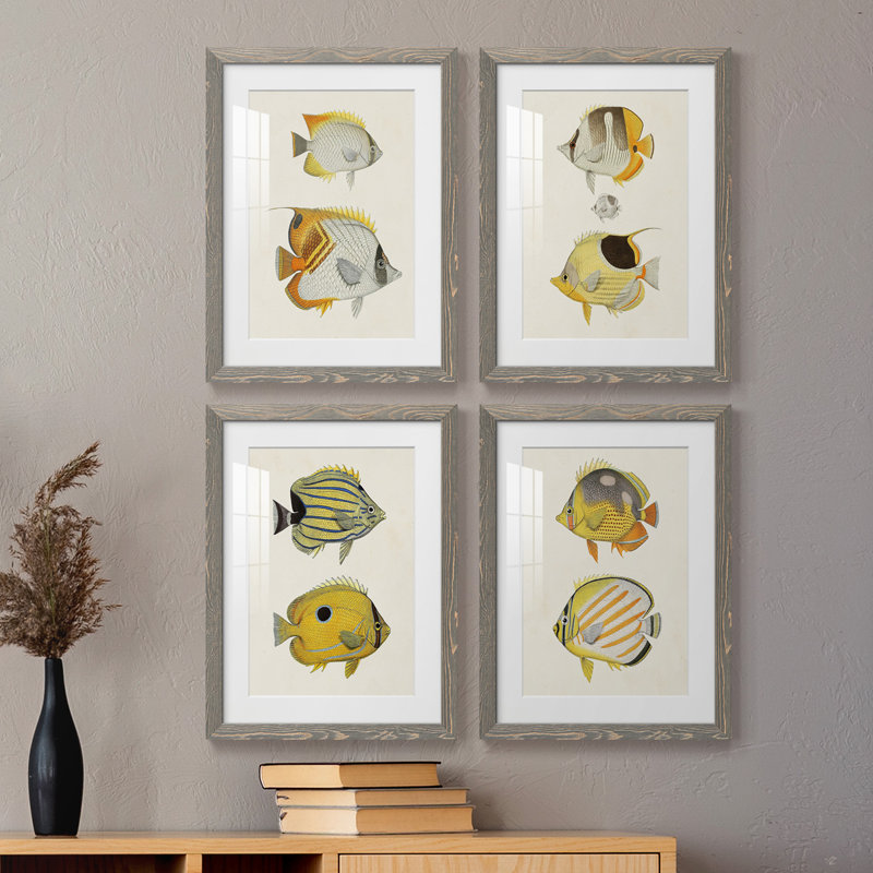 «Yellow & Gray Fish I», ensemble de 4 reproductions de cadres photo, Gris, H 24 po x l 72 po x P 1,5 po