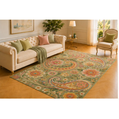 Tapis à motif cachemire floral «Ultra Léger» 5 pi x 7 pi, courbes vert sauge avec corail, pêche et crème, décoration élégante pour le salon, la chambre à coucher ou le vestibule