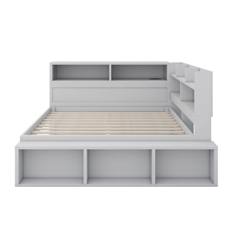 Full Size Daybed With Storage Cabinets And Shoe Cabinet, Wood Corner Bed With USB Ports, Gris