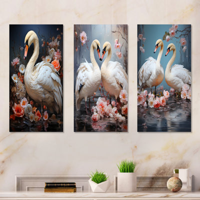 Ensemble de 3 décorations murales en métal roses et blanches Swan Seran II - cygnes