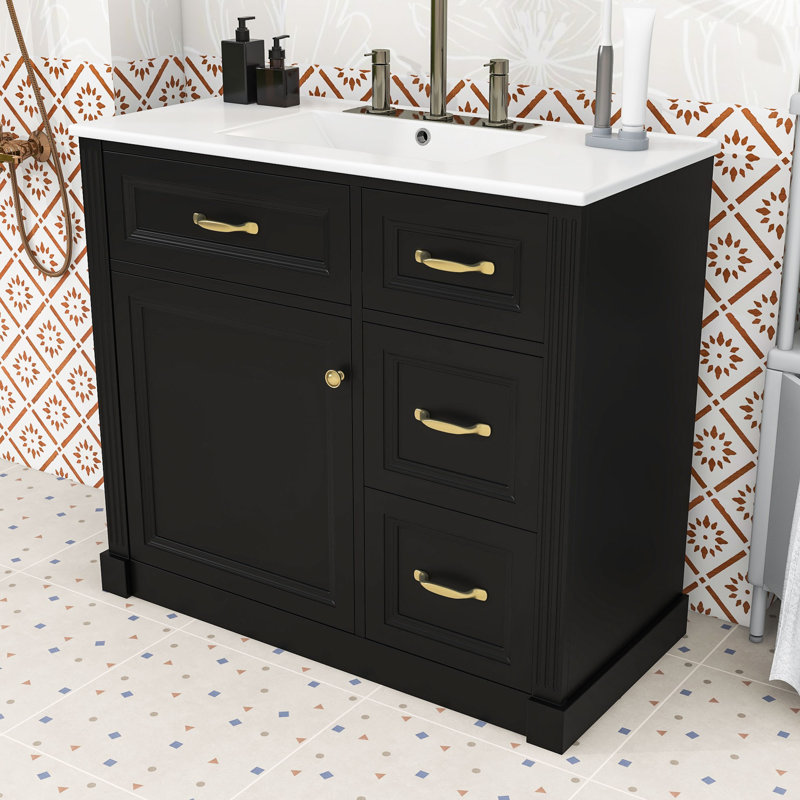Meuble-lavabo autoportant avec lavabo en céramique, 4 tiroirs, tablette réglable et porte à fermeture en douceur, Noir